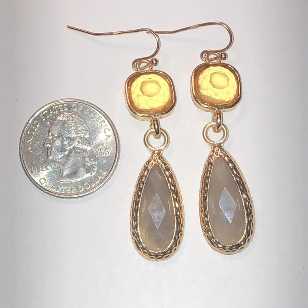 Gold Tone Yellow Rhinestone Neutral Boho Dangling Earrings